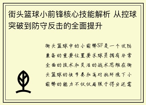 街头篮球小前锋核心技能解析 从控球突破到防守反击的全面提升